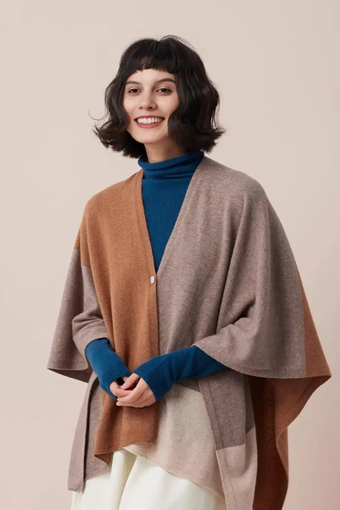 Fibflx Women's Cashmere Wool Knit Colorblock Poncho Sweater