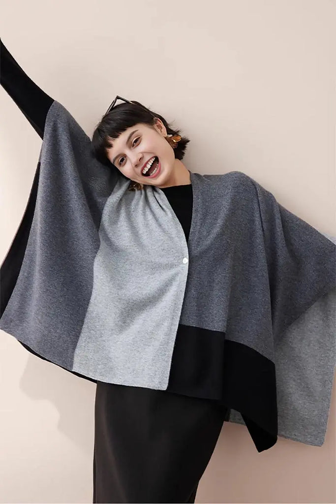 Fibflx Women's Cashmere Wool Knit Colorblock Poncho Sweater