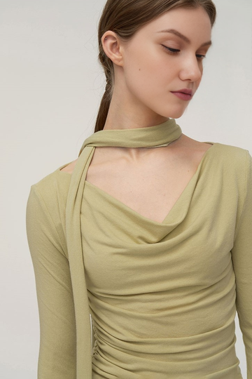 Casual Long Sleeve Cowl-Neck Base Layer With Neck Scarf Fibflx