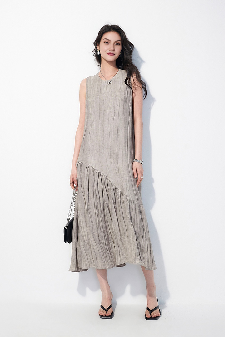 Casual Summer Asymmetric Tiered Crinkled Flowy Tank Midi Dress S / Morning Fog Grey / 71% Viscose 20% Nylon 9% Linen