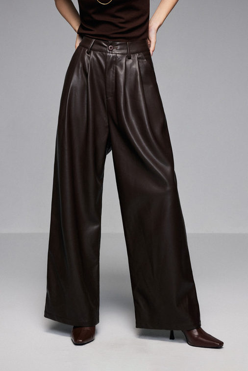 Casual Wide-leg Faux Leather Pants with Pockets Fibflx
