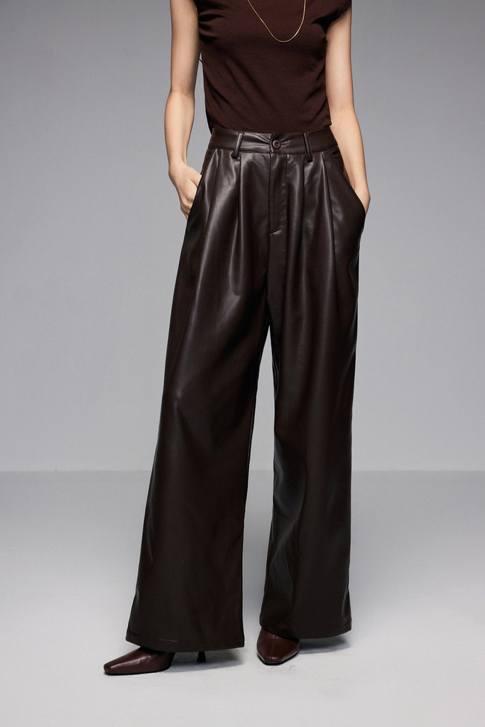 Casual Wide-leg Faux Leather Pants with Pockets Fibflx