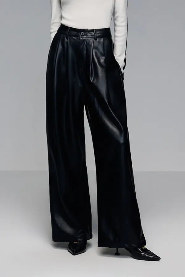 Casual Wide-leg Faux Leather Pants with Pockets Fibflx