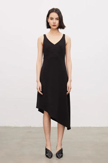 Fibflx Women's Chic Asymmetrical V-Neck Black Party Dress