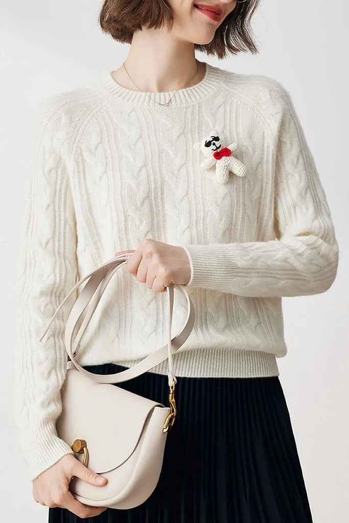 Fibflx Women's Chunky 100 Cashmere Cable Knit Crew Neck Sweater with Bear