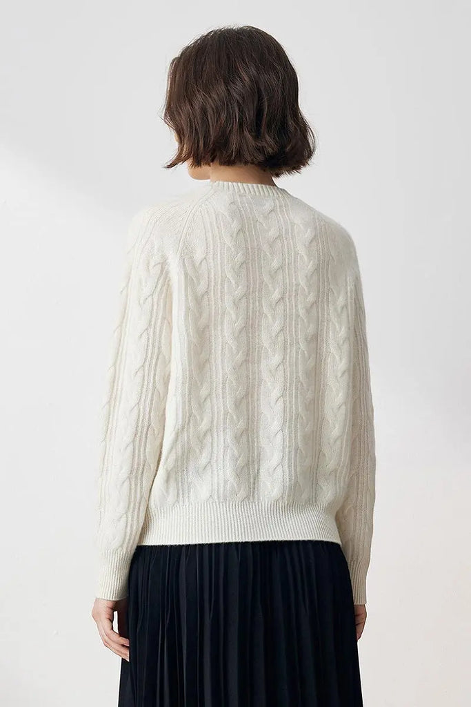 Fibflx Women's Chunky 100 Cashmere Cable Knit Crew Neck Sweater with Bear