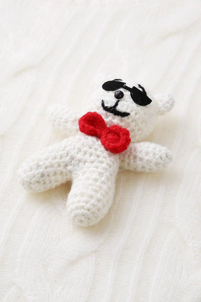 Fibflx Women's Chunky 100 Cashmere Cable Knit Crew Neck Sweater with Bear