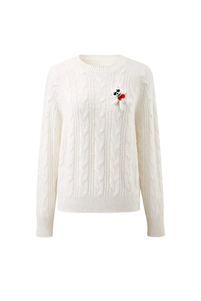 Fibflx Women's Chunky 100 Cashmere Cable Knit Crew Neck Sweater with Bear