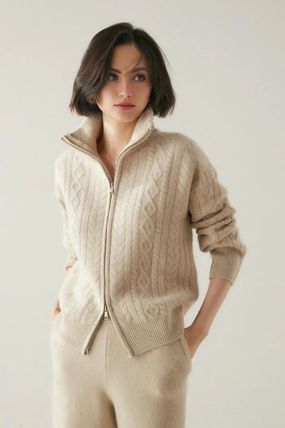 Fibflx Womne's Chunky 100 Cashmere Cable-Knit Double-Zip Cardigan