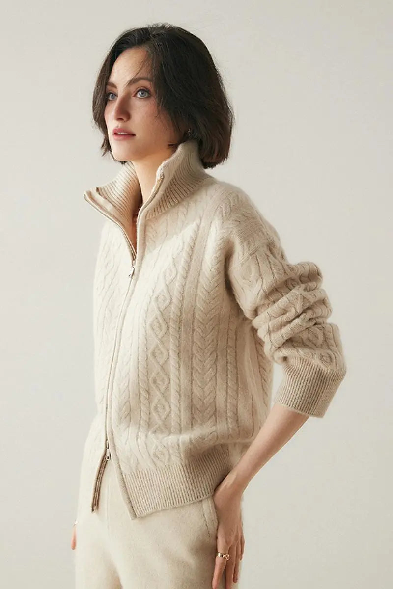 Fibflx Womne's Chunky 100 Cashmere Cable-Knit Double-Zip Cardigan