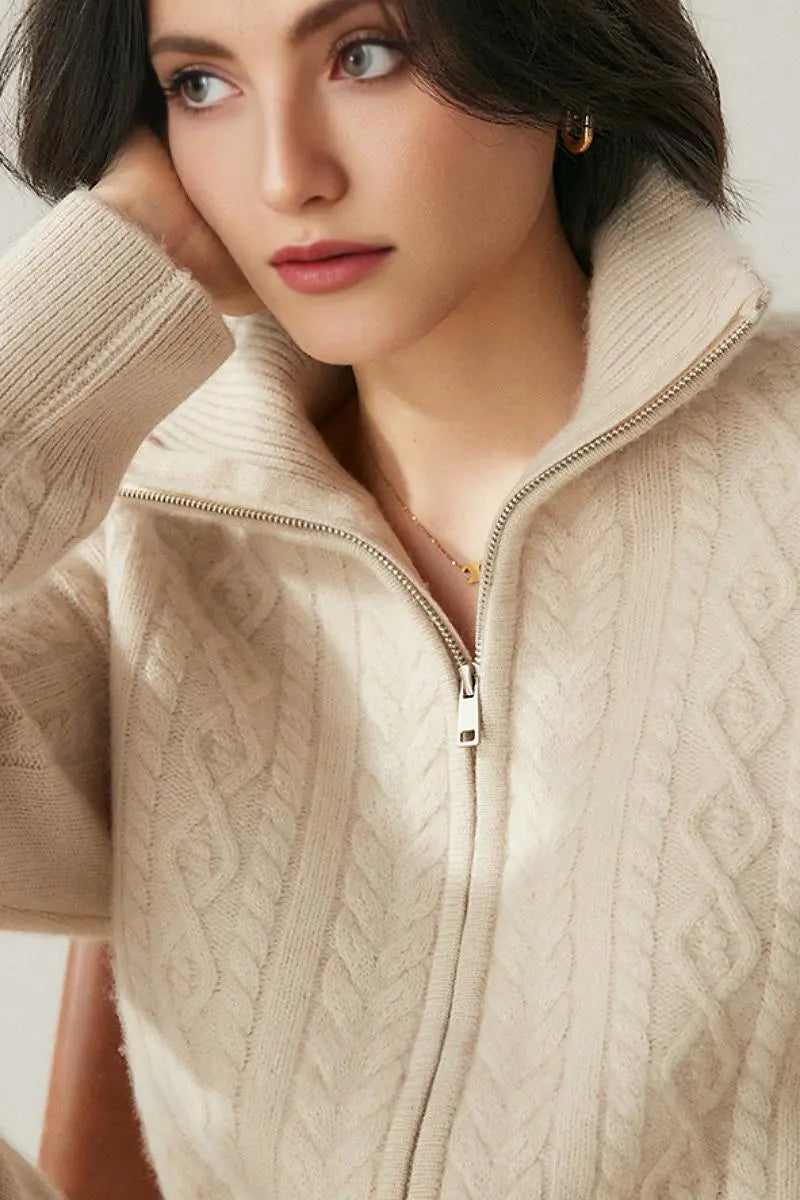 Fibflx Womne's Chunky 100 Cashmere Cable-Knit Double-Zip Cardigan