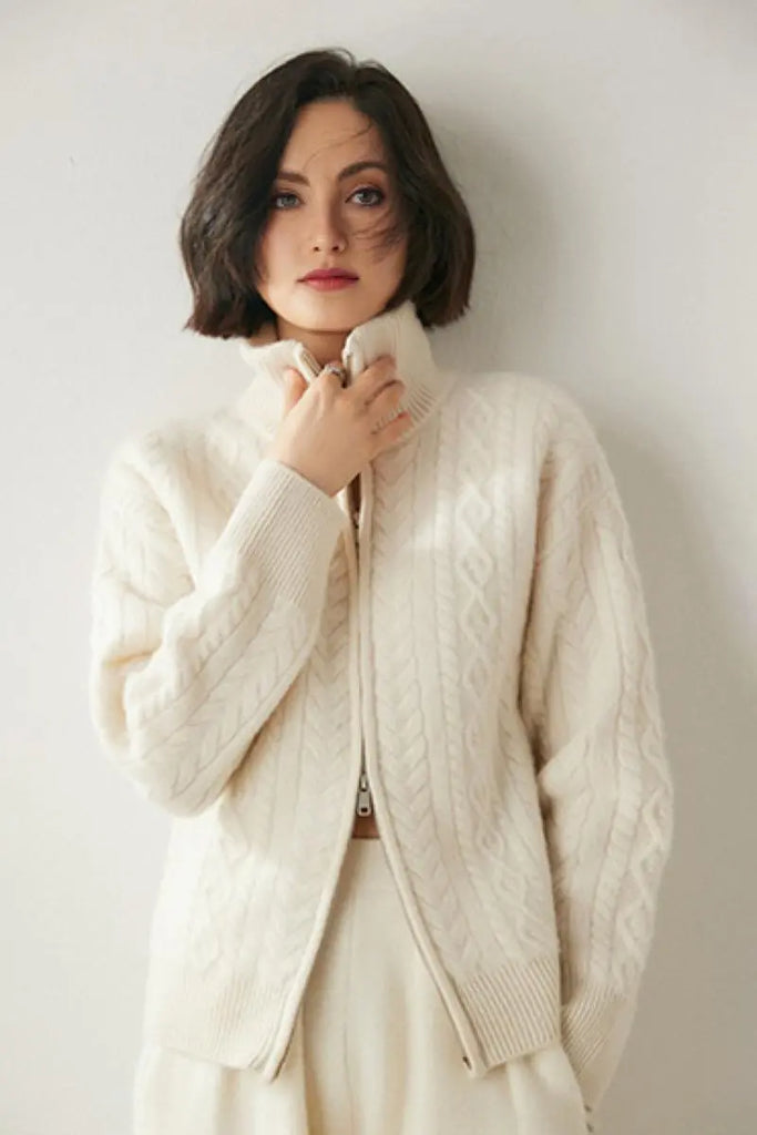 Fibflx Women's Chunky 100 Cashmere Cable-Knit Double-Zip Cardigan