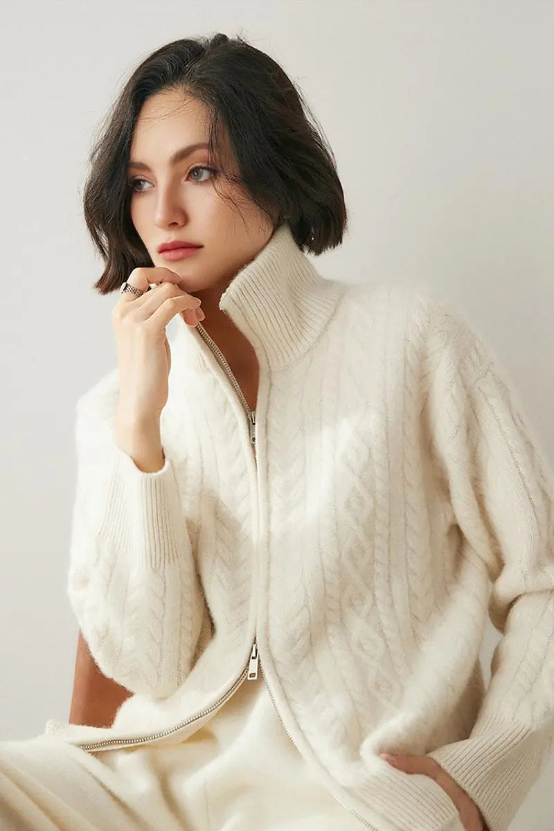 Fibflx Womne's Chunky 100 Cashmere Cable-Knit Double-Zip Cardigan