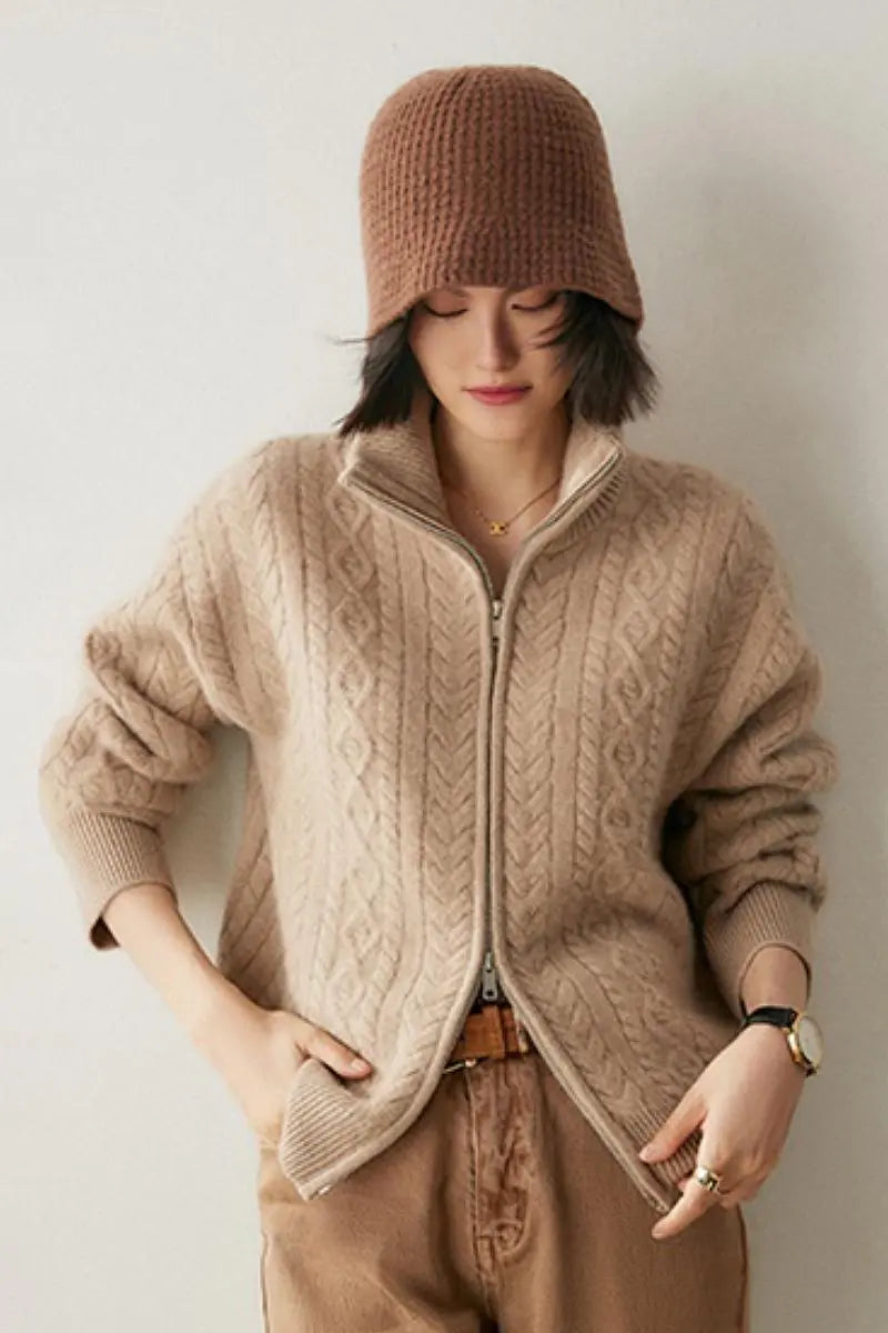Fibflx Womne's Chunky 100 Cashmere Cable-Knit Double-Zip Cardigan