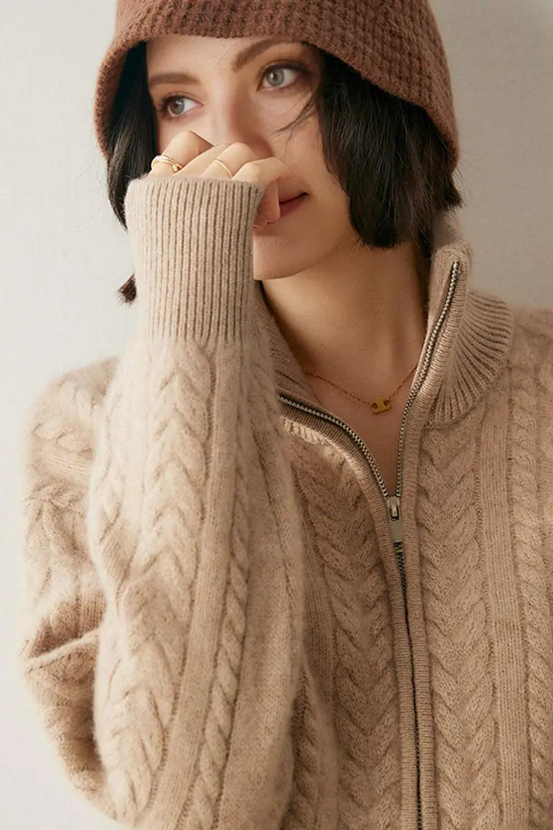 Fibflx Womne's Chunky 100 Cashmere Cable-Knit Double-Zip Cardigan