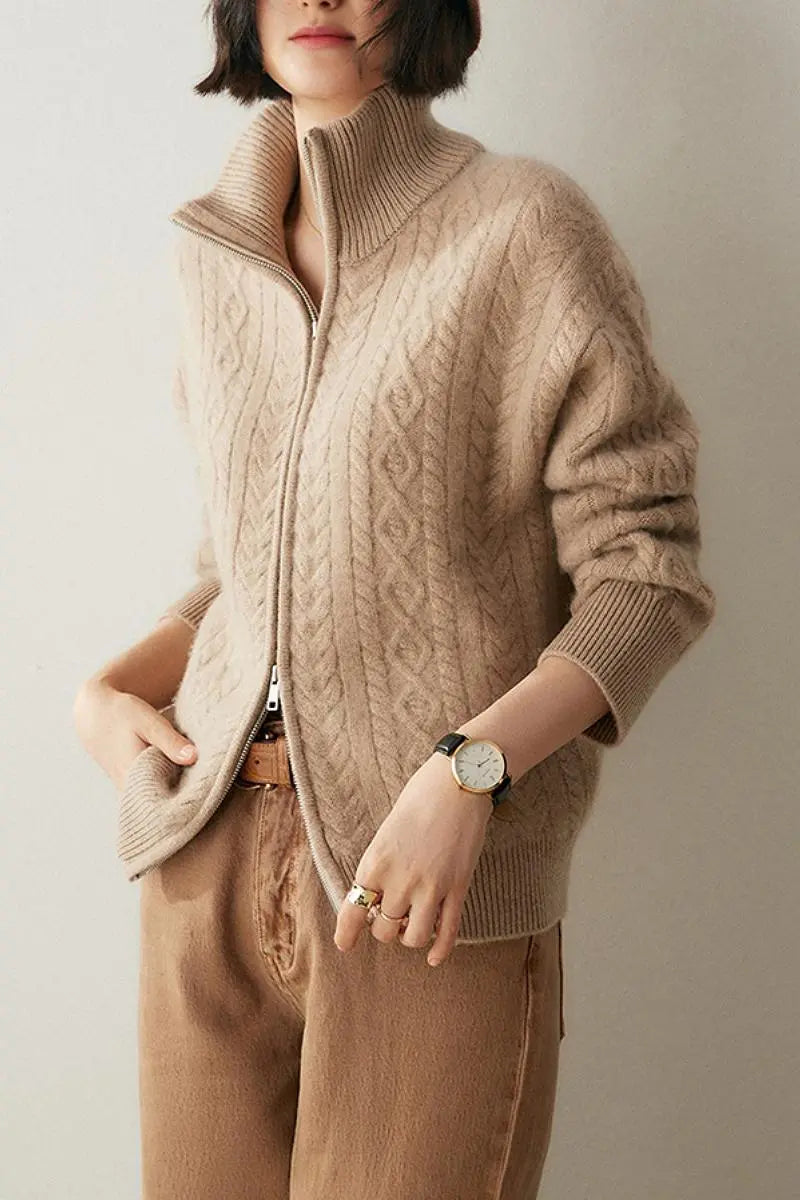 Fibflx Womne's Chunky 100 Cashmere Cable-Knit Double-Zip Cardigan