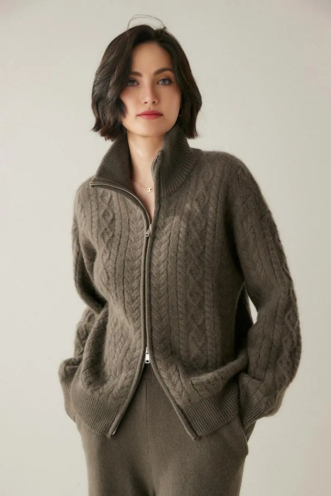 Fibflx Women's Chunky 100 Cashmere Cable-Knit Double-Zip Cardigan