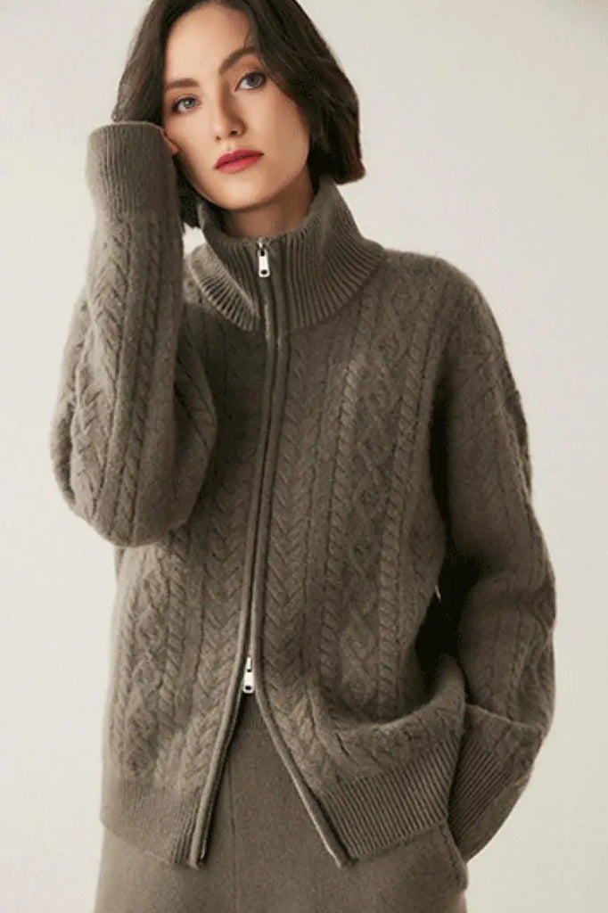 Fibflx Women's Chunky 100 Cashmere Cable-Knit Double-Zip Cardigan