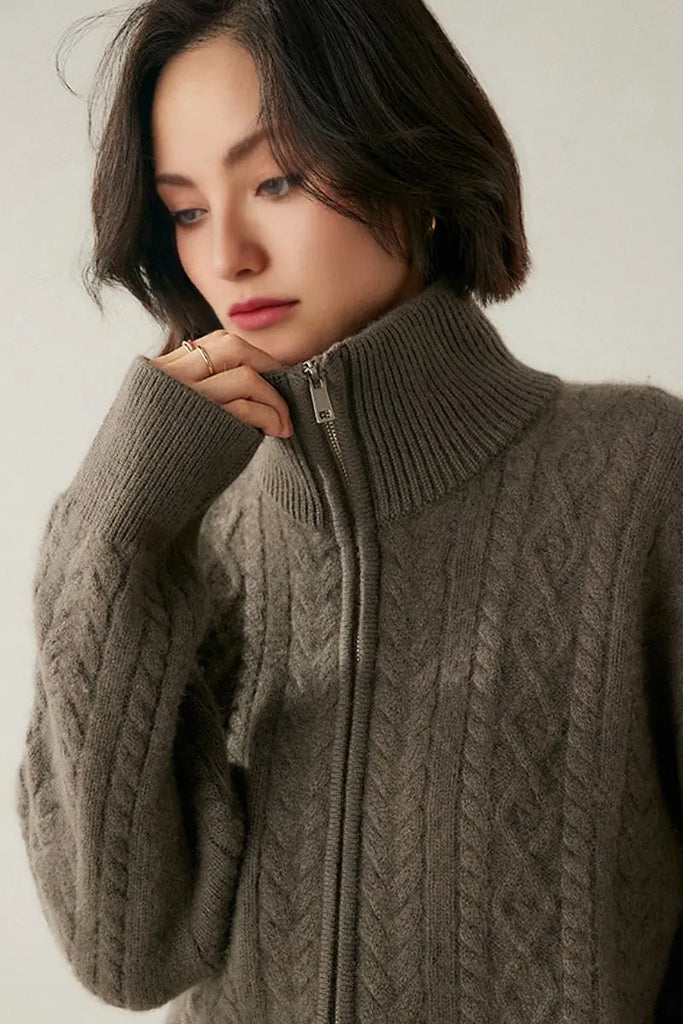 Fibflx Women's Chunky 100 Cashmere Cable-Knit Double-Zip Cardigan