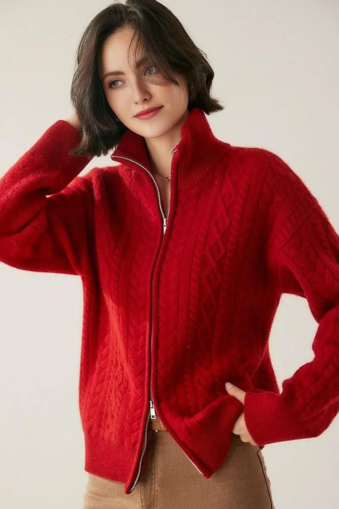 Fibflx Women's Chunky 100 Cashmere Cable-Knit Double-Zip Cardigan