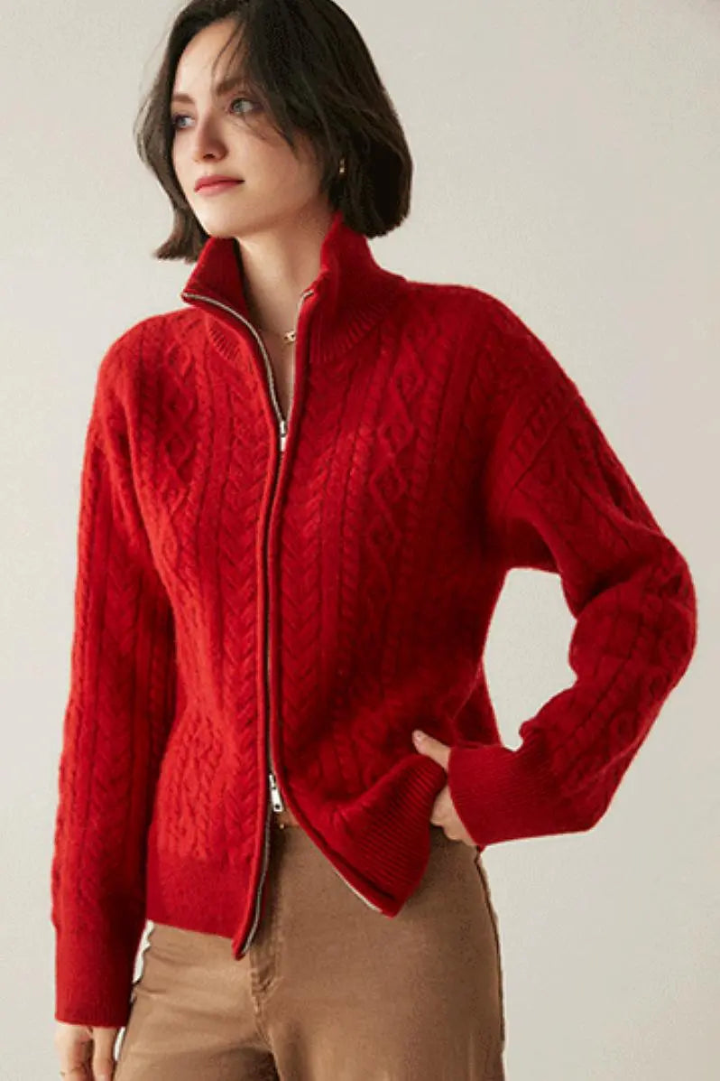Fibflx Womne's Chunky 100 Cashmere Cable-Knit Double-Zip Cardigan