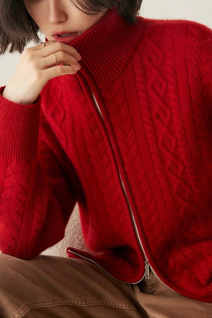 Fibflx Women's Chunky 100 Cashmere Cable-Knit Double-Zip Cardigan