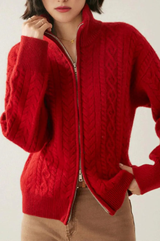 Fibflx Women's Chunky 100 Cashmere Cable-Knit Double-Zip Cardigan