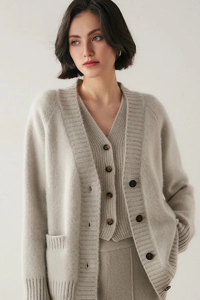 Fibflx Women's Chunky 100 Cashmere V-Neck Cardigan