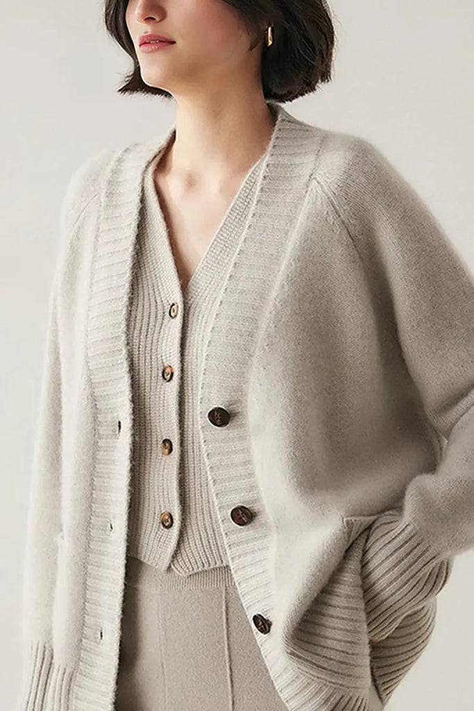 Fibflx Women's Chunky 100 Cashmere V-Neck Cardigan