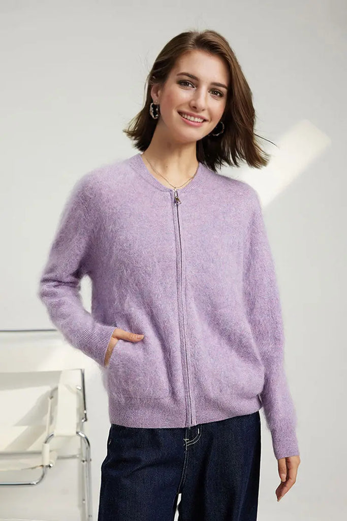 Fibflx Women's Chunky Brushed Cashmere Full-Zip Bomber Cardigan