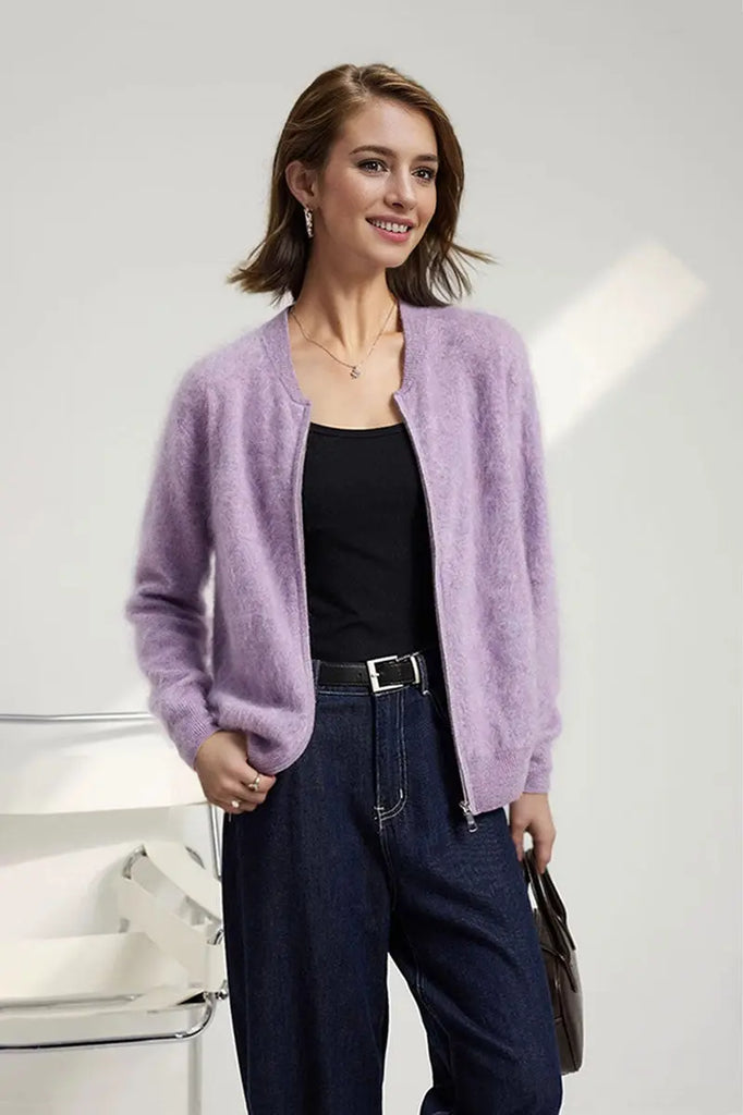 Fibflx Women's Chunky Brushed Cashmere Full-Zip Bomber Cardigan