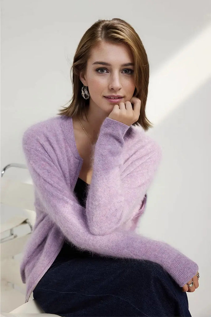 Fibflx Women's Chunky Brushed Cashmere Full-Zip Bomber Cardigan