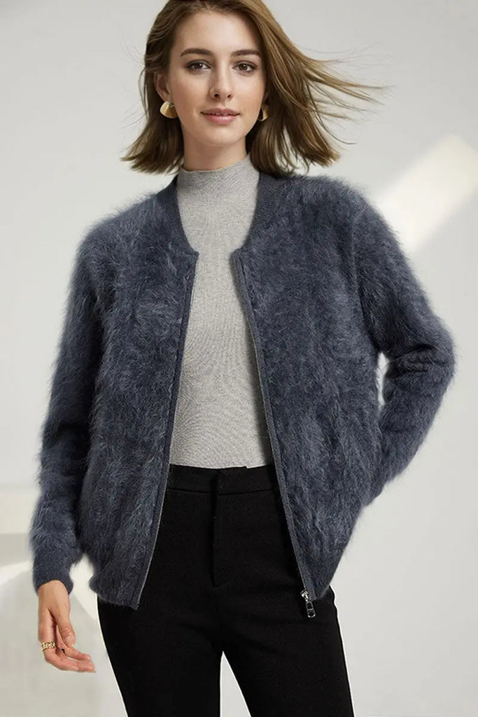 Fibflx Women's Chunky Brushed Cashmere Full-Zip Bomber Cardigan