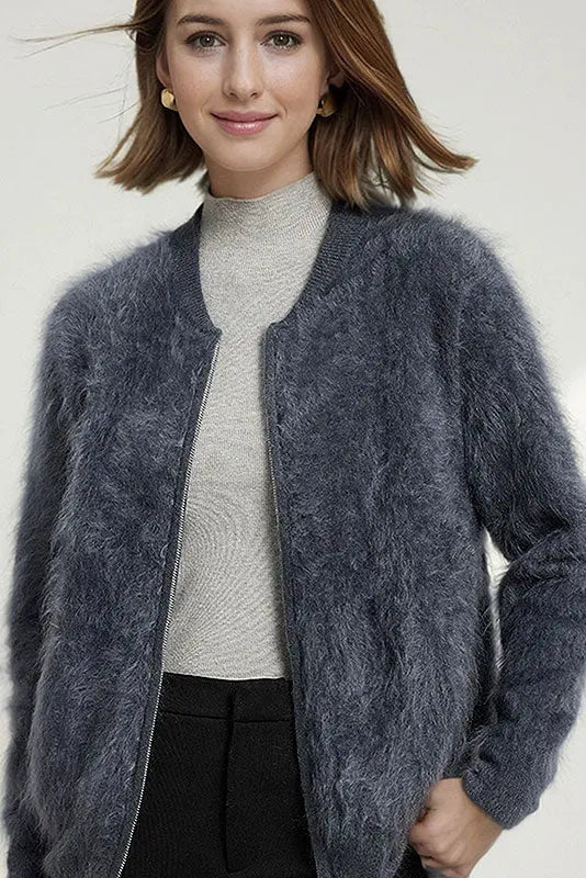 Fibflx Women's Chunky Brushed Cashmere Full-Zip Bomber Cardigan