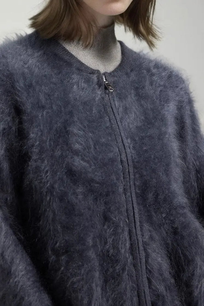 Fibflx Women's Chunky Brushed Cashmere Full-Zip Bomber Cardigan