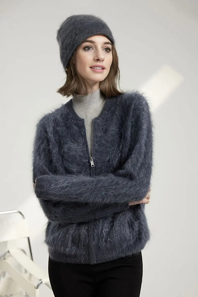 Fibflx Women's Chunky Brushed Cashmere Full-Zip Bomber Cardigan