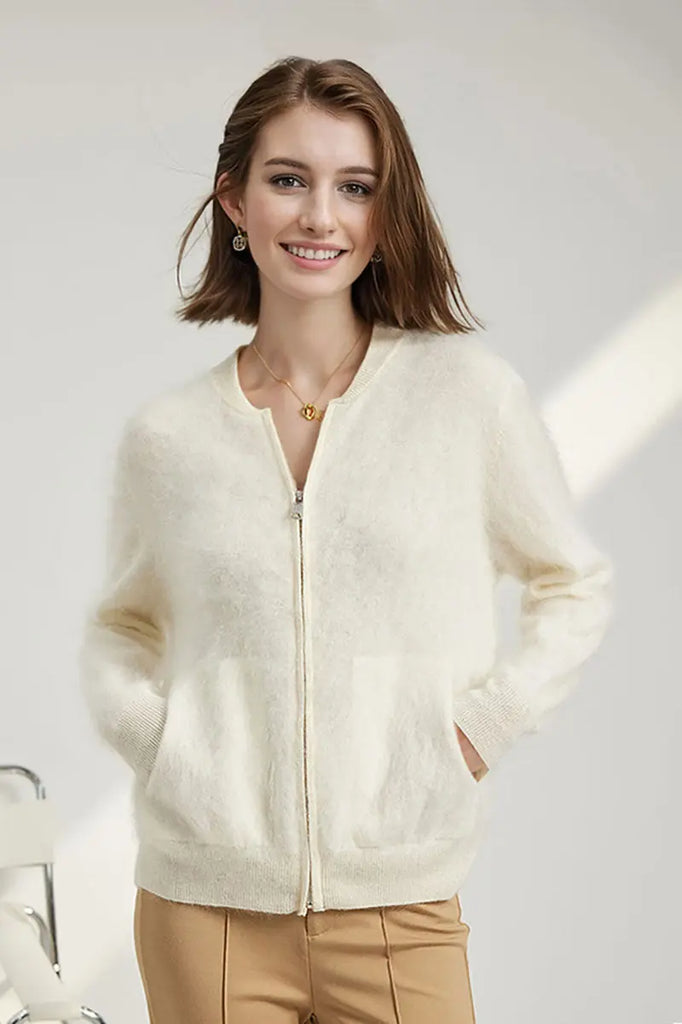 Fibflx Women's Chunky Brushed Cashmere Full-Zip Bomber Cardigan