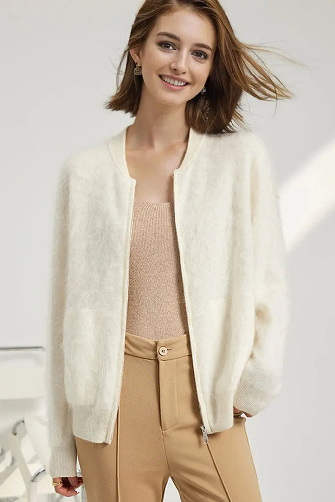 Fibflx Women's Chunky Brushed Cashmere Full-Zip Bomber Cardigan