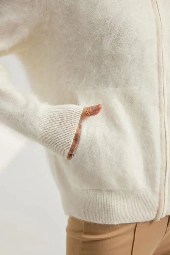 Fibflx Women's Chunky Brushed Cashmere Full-Zip Bomber Cardigan