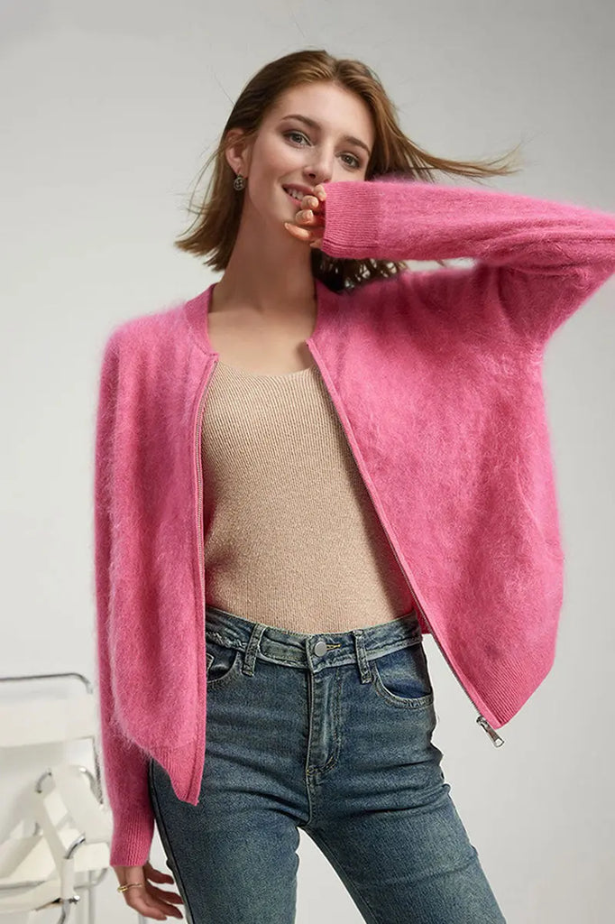 Fibflx Women's Chunky Brushed Cashmere Full-Zip Bomber Cardigan