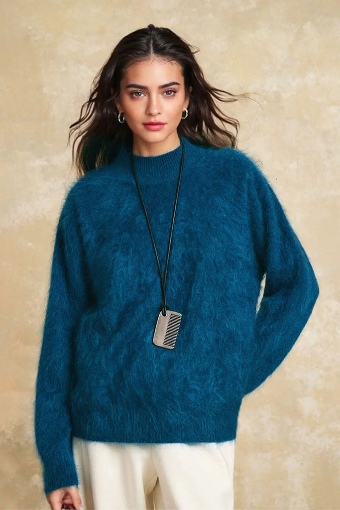 Chunky Brushed Cashmere Mock Neck Pullover Sweater Fibflx