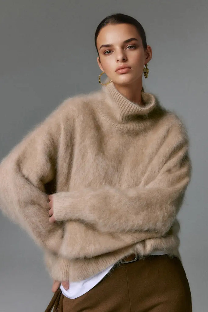 Fibflx Women's Chunky Brushed Cashmere Turtleneck Pullover Sweater