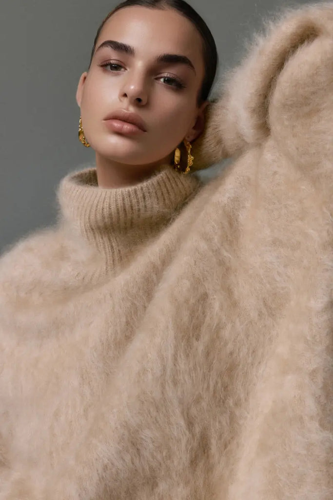 Fibflx Women's Chunky Brushed Cashmere Turtleneck Pullover Sweater