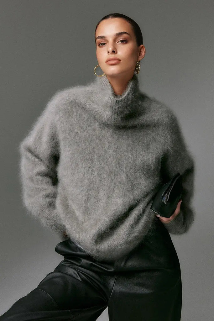 Fibflx Women's Chunky Brushed Cashmere Turtleneck Pullover Sweater