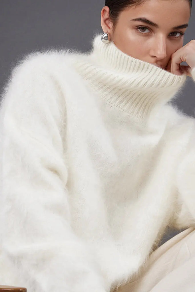Chunky Brushed Cashmere Turtleneck Pullover Sweater - Fibflx