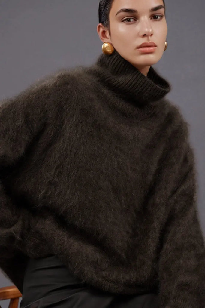 Chunky Brushed Cashmere Turtleneck Pullover Sweater - Fibflx