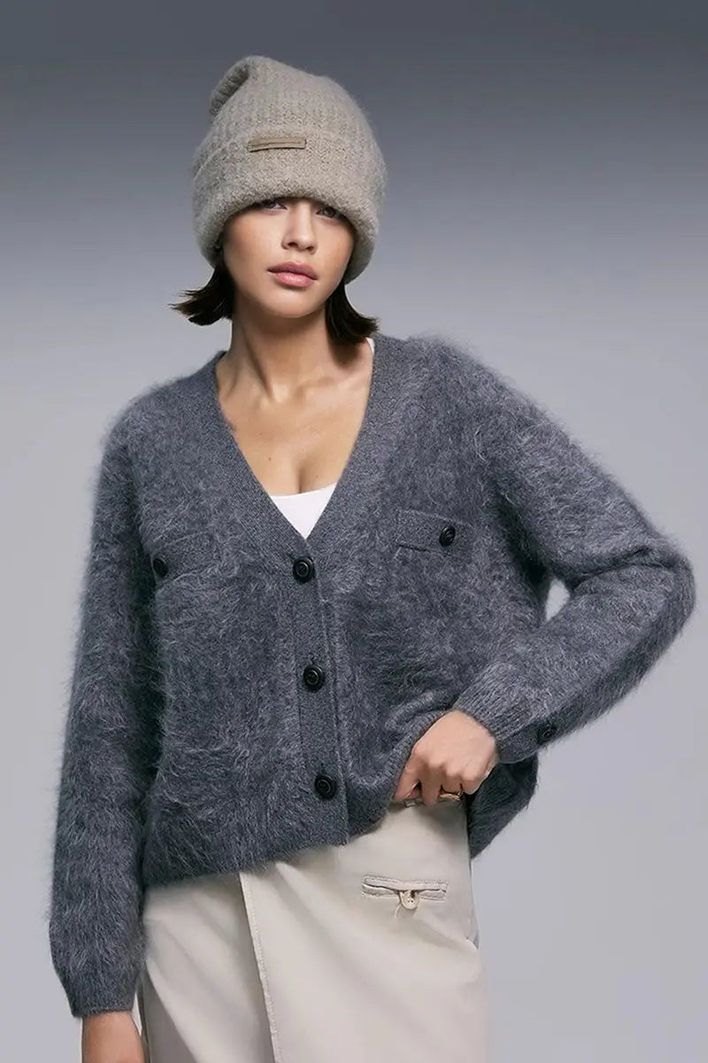 Fibflx Women's Chunky Brushed Cashmere V-Neck Cardigan with