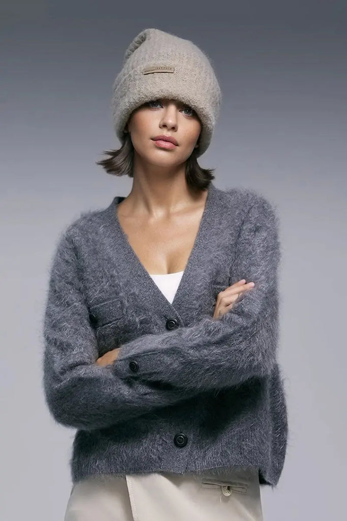 Fibflx Women's Chunky Brushed Cashmere V-Neck Cardigan with Decorative Pockets