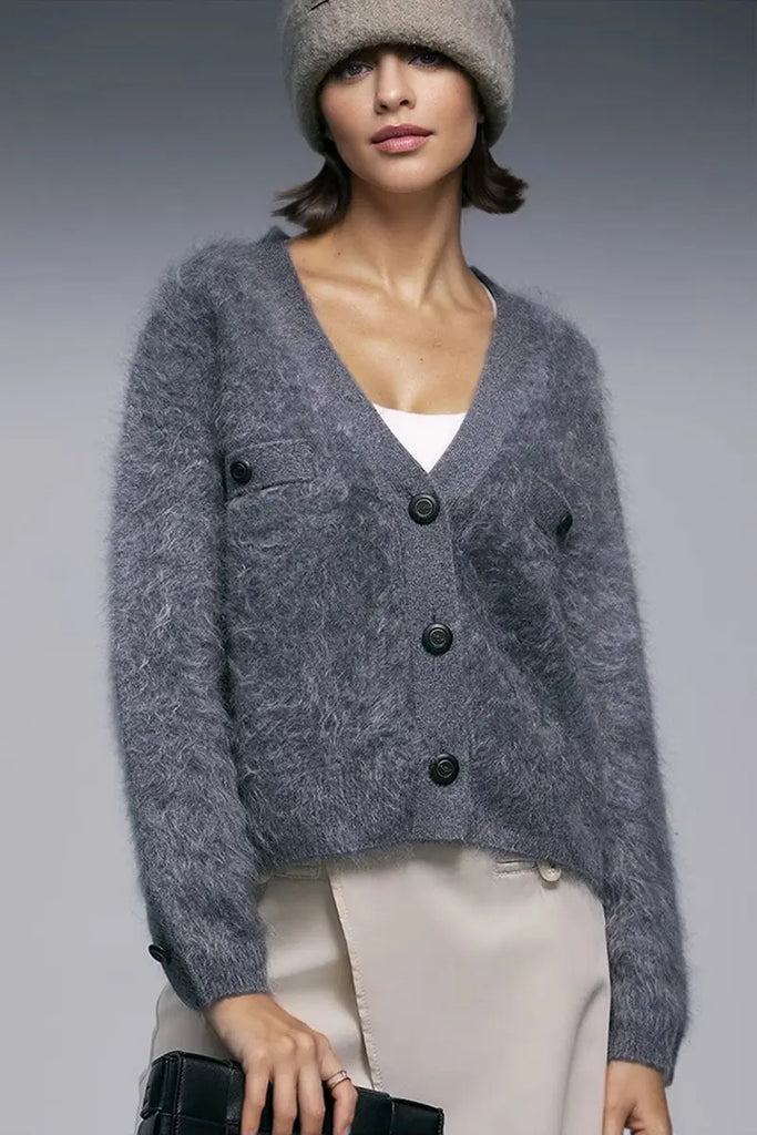 Fibflx Women's Chunky Brushed Cashmere V-Neck Cardigan with Decorative Pockets