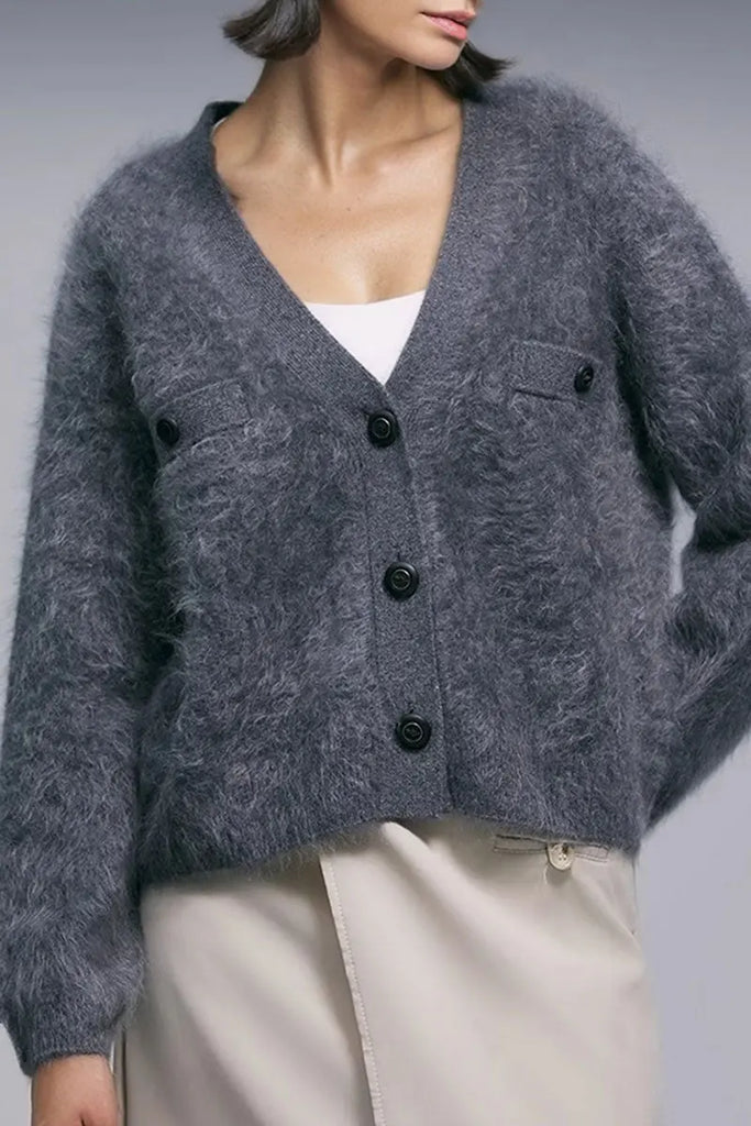 Fibflx Women's Chunky Brushed Cashmere V-Neck Cardigan with Decorative Pockets